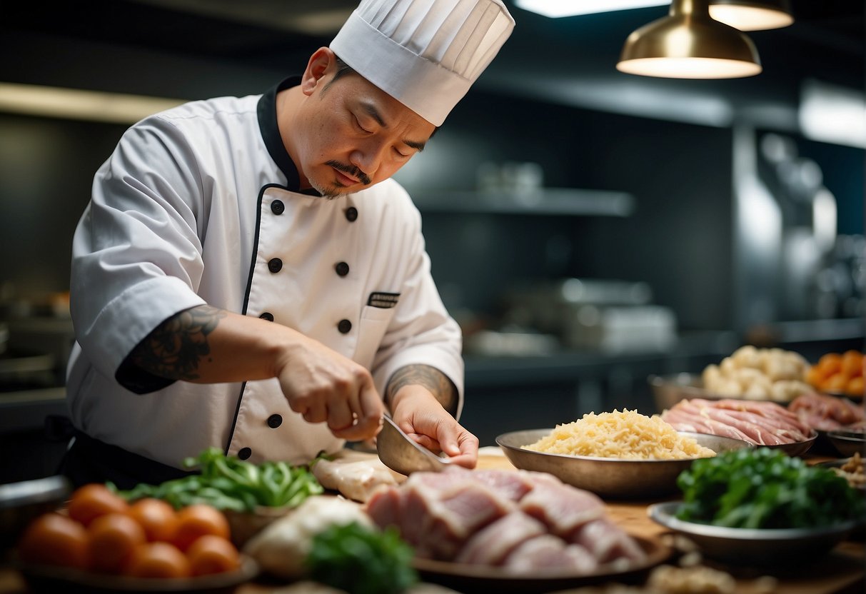A chef carefully selects fresh pork, ginger, garlic, soy sauce, and spices from an array of ingredients for a Chinese braised pork recipe