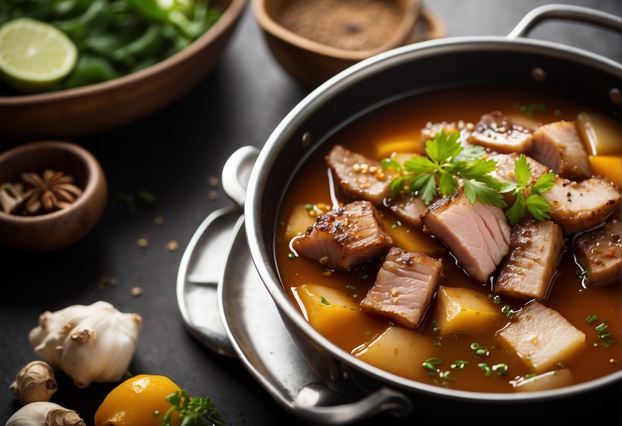 A large pot simmers with soy sauce, ginger, garlic, and star anise, as chunks of pork belly slowly braise in the flavorful liquid