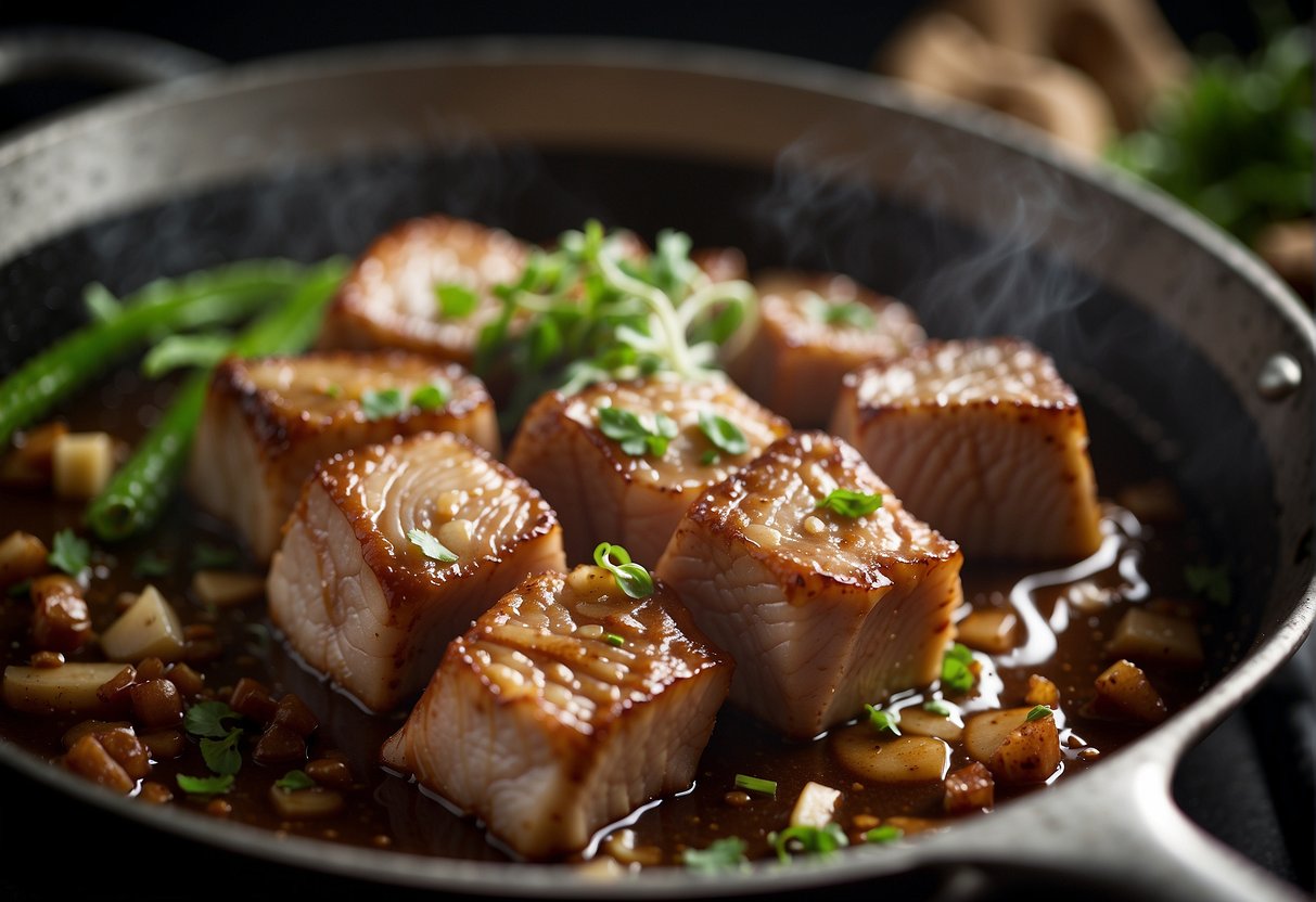 Pork chunks simmer in soy sauce, ginger, and spices, filling the air with savory aroma. Onions and garlic sizzle in a hot pan