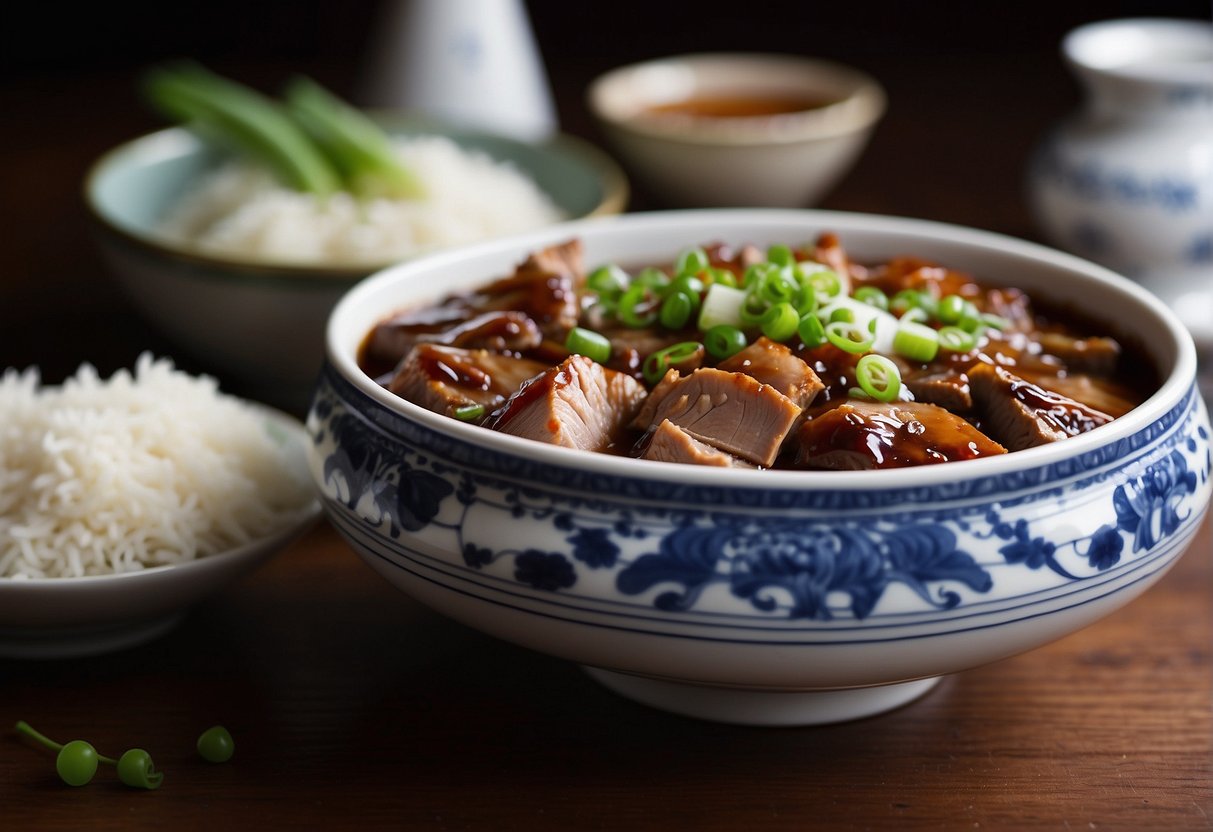 A steaming bowl of Chinese braised pork with tender slices, garnished with green onions and served with a side of fluffy white rice