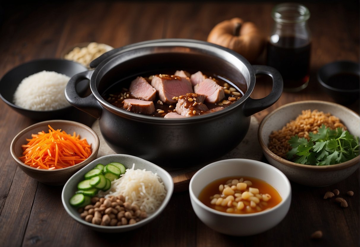 A steaming pot of Chinese braised pork surrounded by various ingredients like soy sauce, ginger, and star anise, with a recipe card showing nutritional information