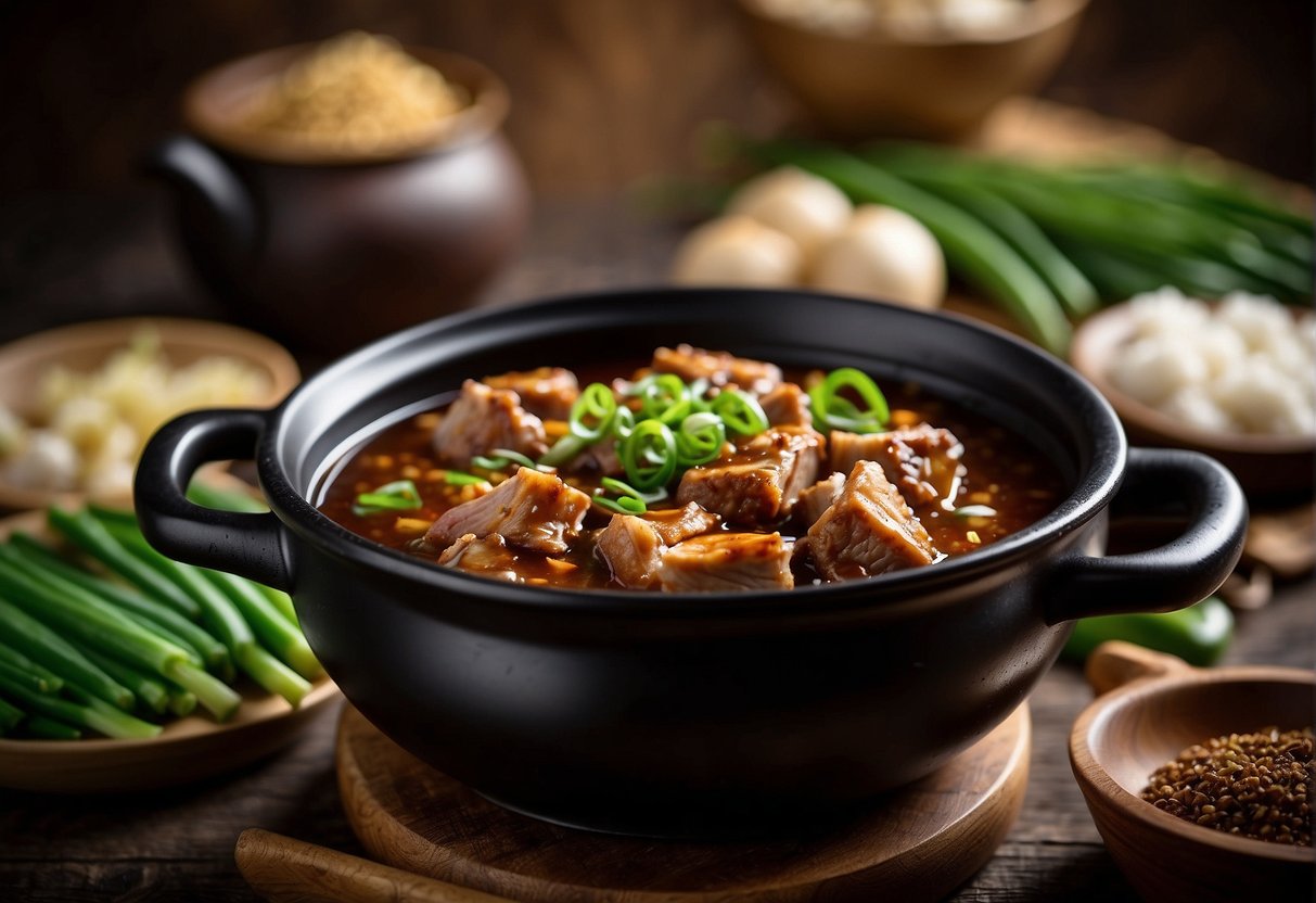 A pot of bubbling braised pork with aromatic spices and soy sauce, surrounded by fresh ginger, garlic, and green onions