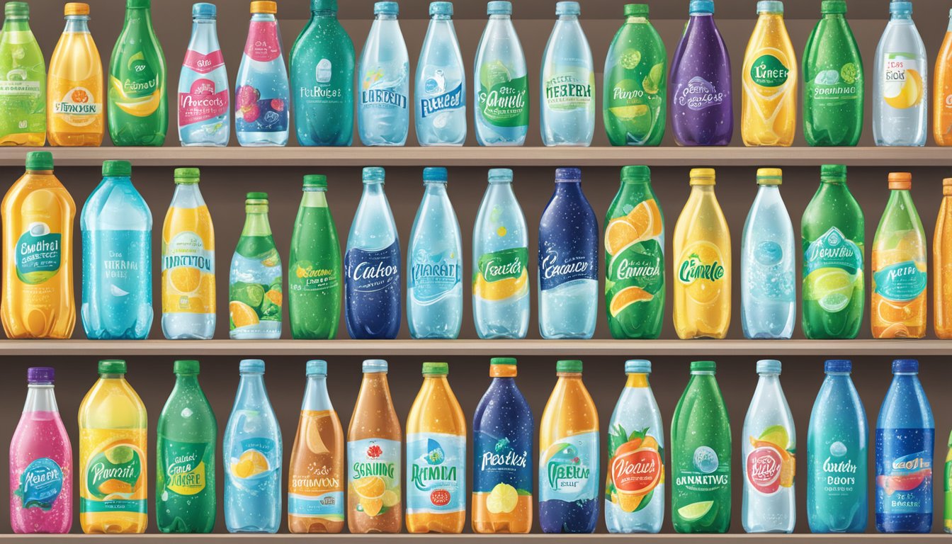 A display of top-selling sparkling water brands on a grocery store shelf. Labels are vibrant and eye-catching, with bottles arranged neatly in rows