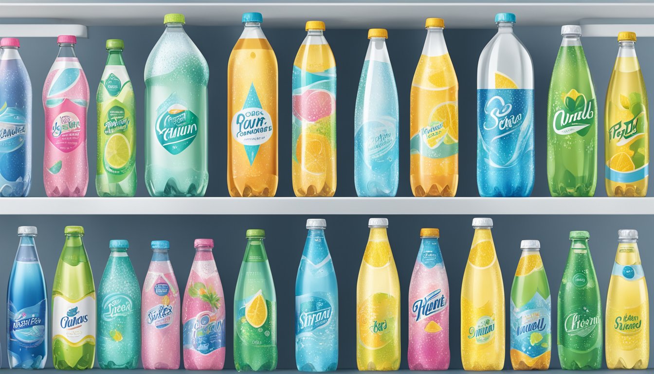 A display of top sparkling water brands, featuring colorful and sleek packaging, arranged on a clean, modern shelf