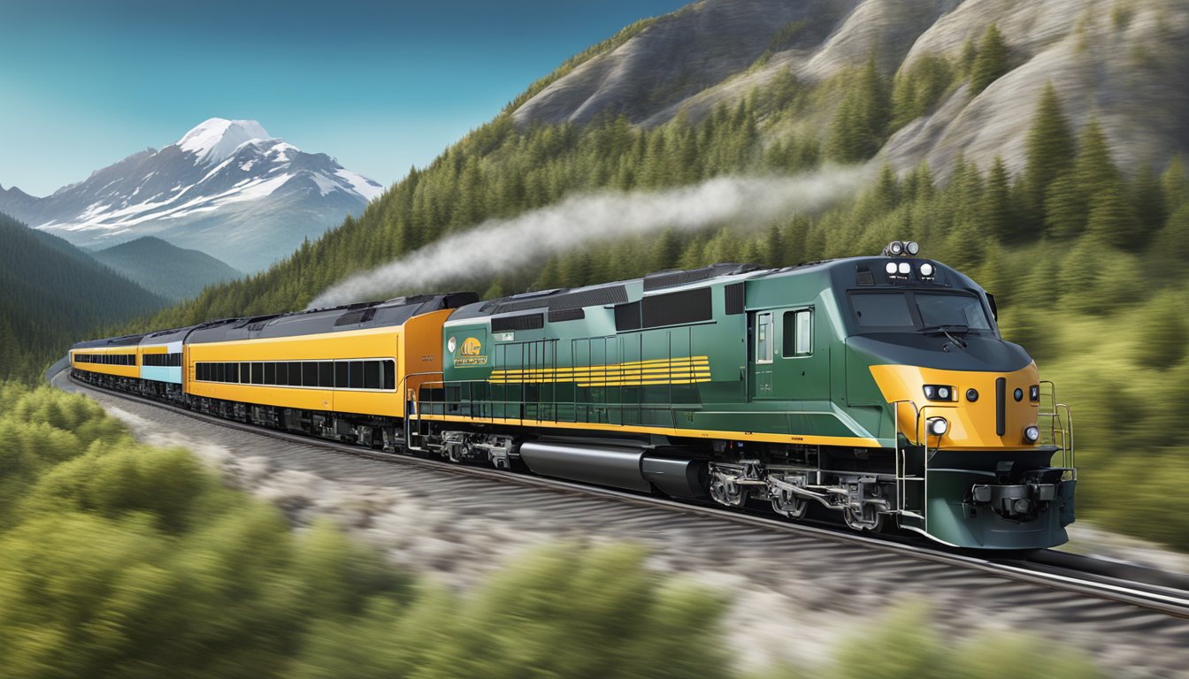 A train speeding through a mountainous landscape, with the brand logo prominently displayed on the side of the locomotive