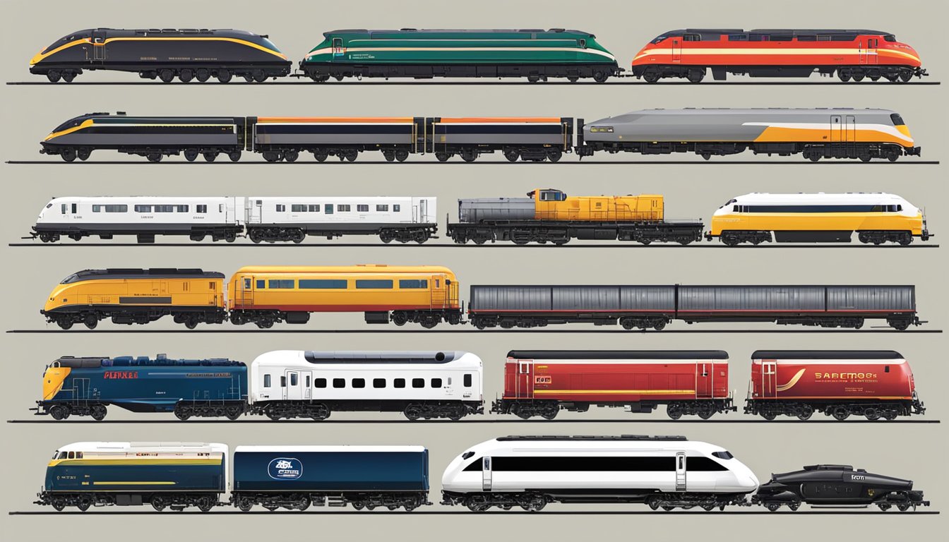 Various leading train brands are showcased with their unique offerings, including sleek high-speed trains, classic steam locomotives, and modern commuter and freight trains