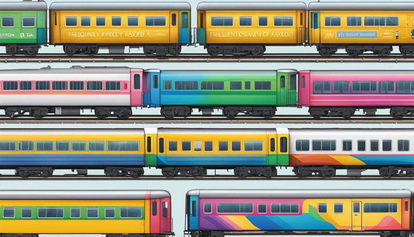A row of colorful train models with "Frequently Asked Questions" banners displayed above each one
