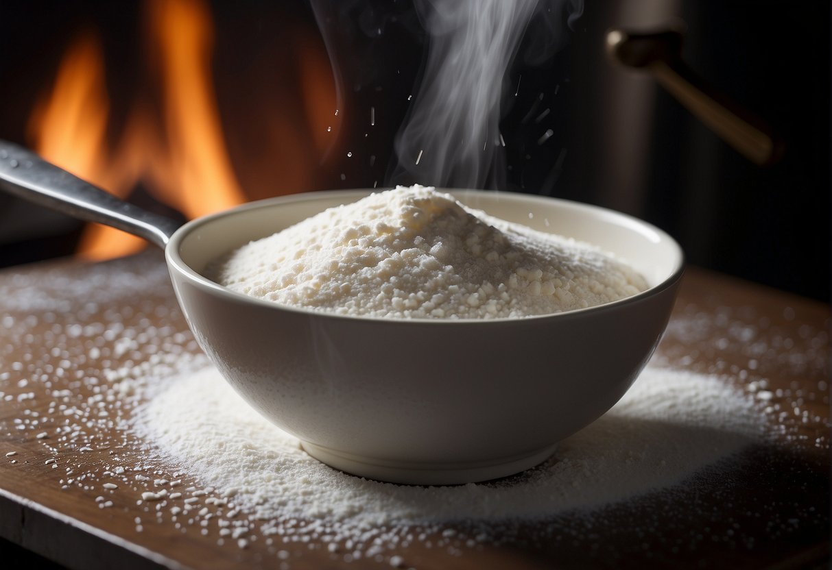 A bowl of flour, water, and salt mixed together. A flat pan heating on a stove. A spatula flipping a thin pancake