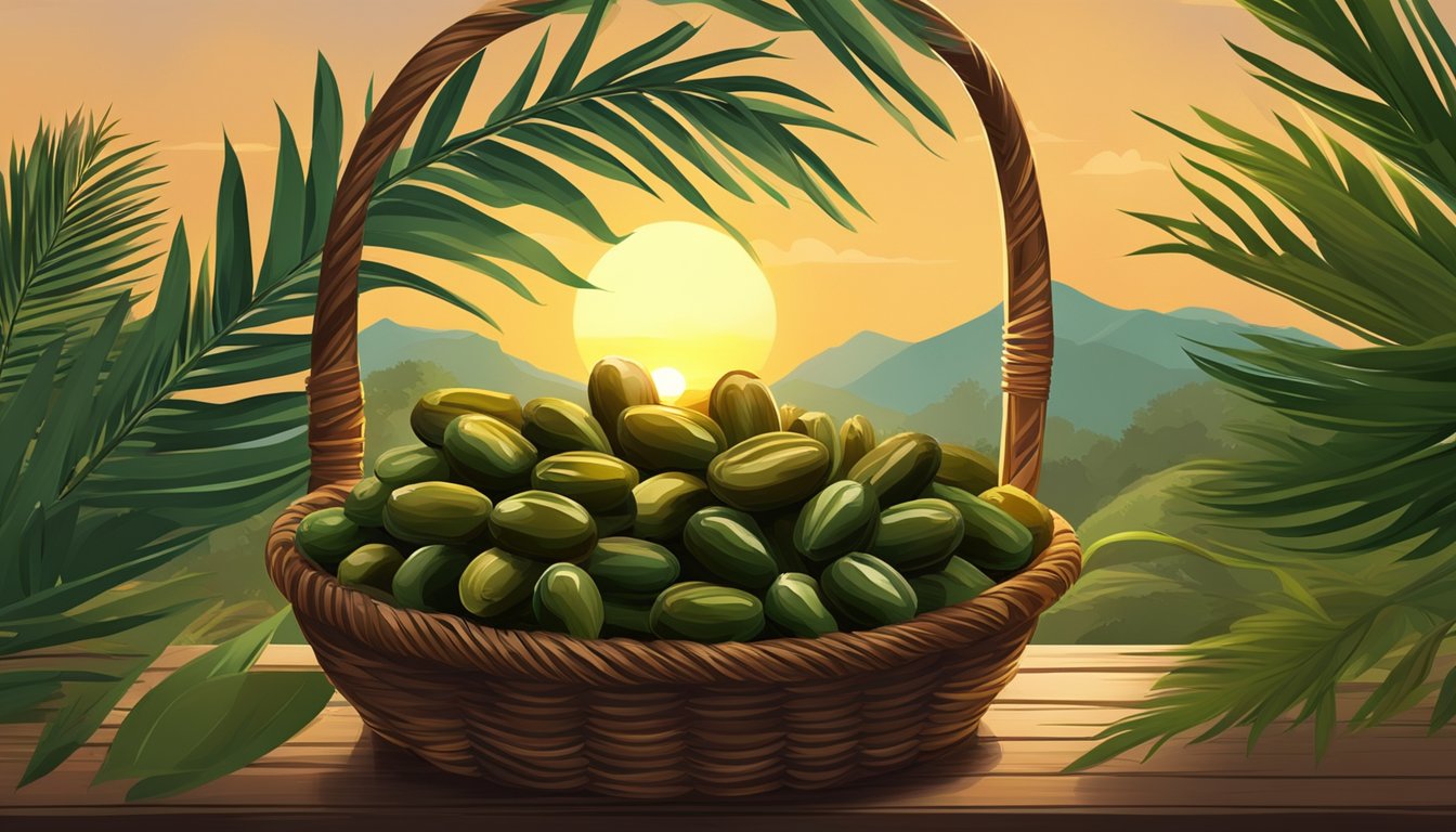 A basket of fresh Ajwa dates sits on a rustic wooden table, surrounded by lush green palm leaves and a golden sunset in the background