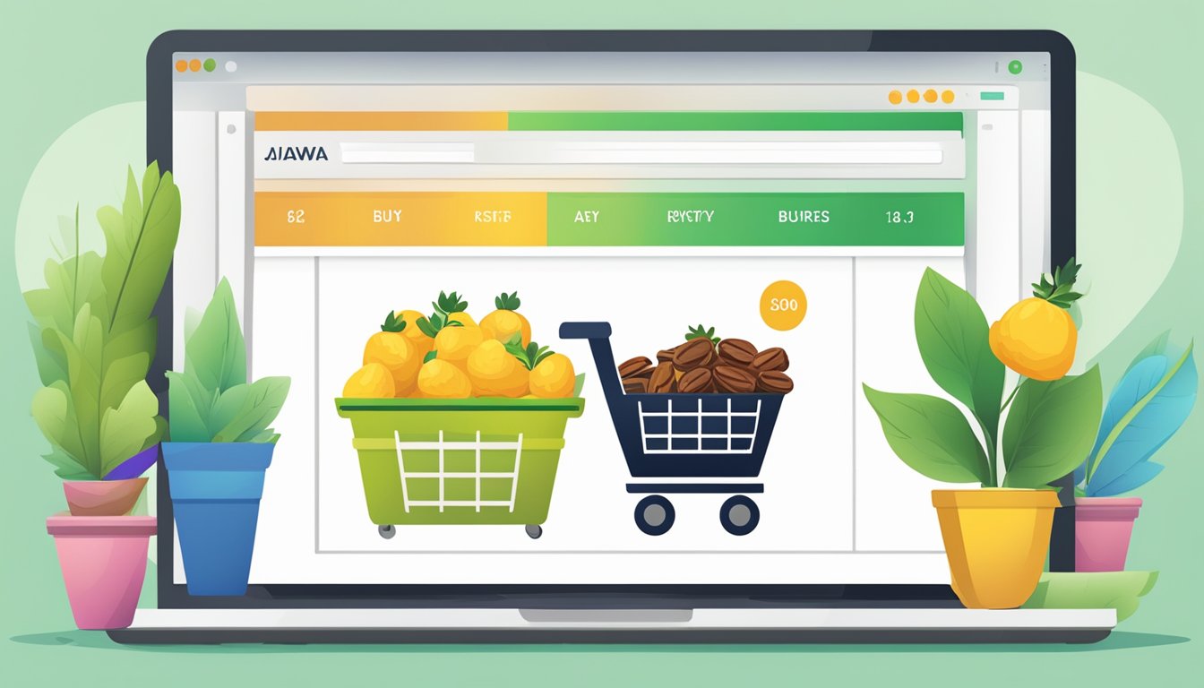 A computer screen displaying a website with a variety of Ajwa dates for sale, a digital shopping cart, and a "buy now" button