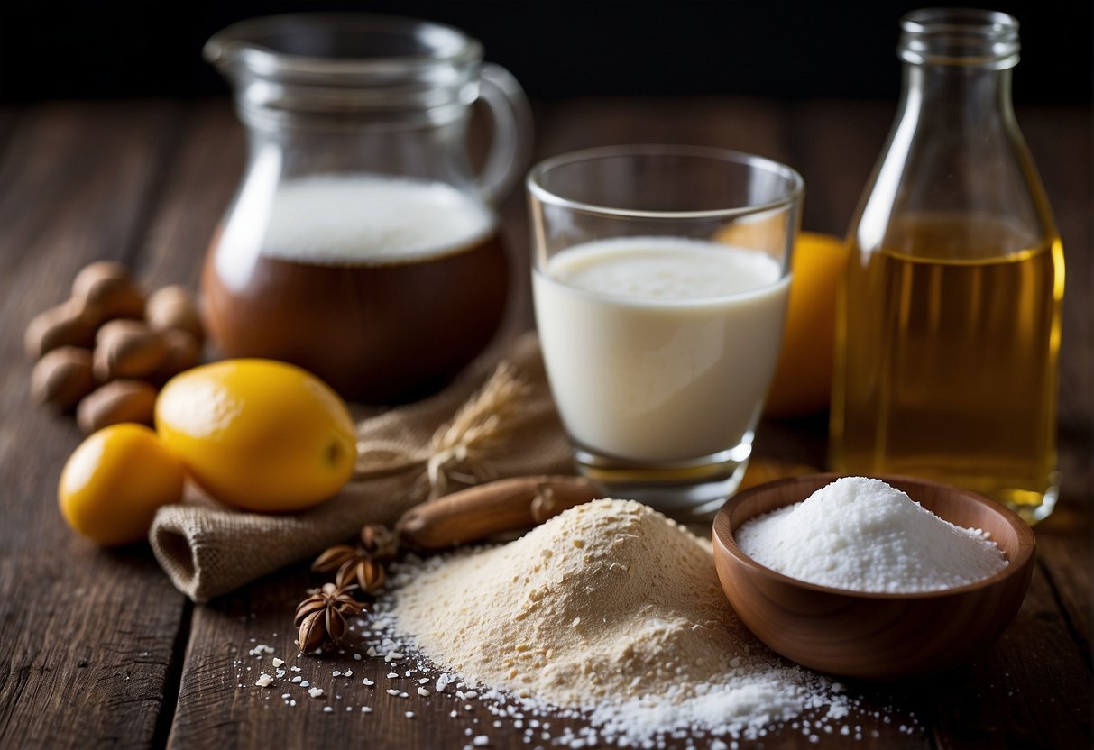 A table with flour, water, salt, and oil. Optional substitutes like soy milk and gluten-free flour