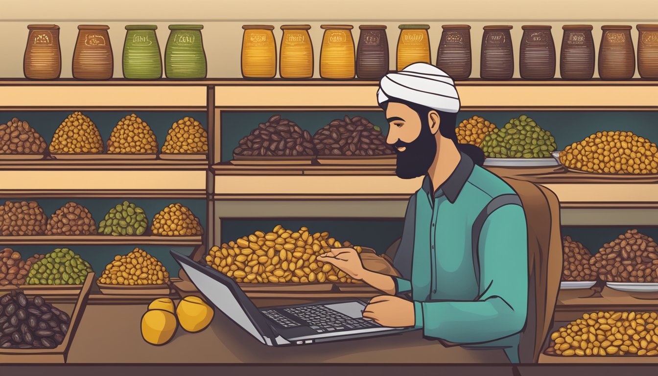 Customers browsing a variety of ajwa dates online, with a FAQ section displayed prominently on the website