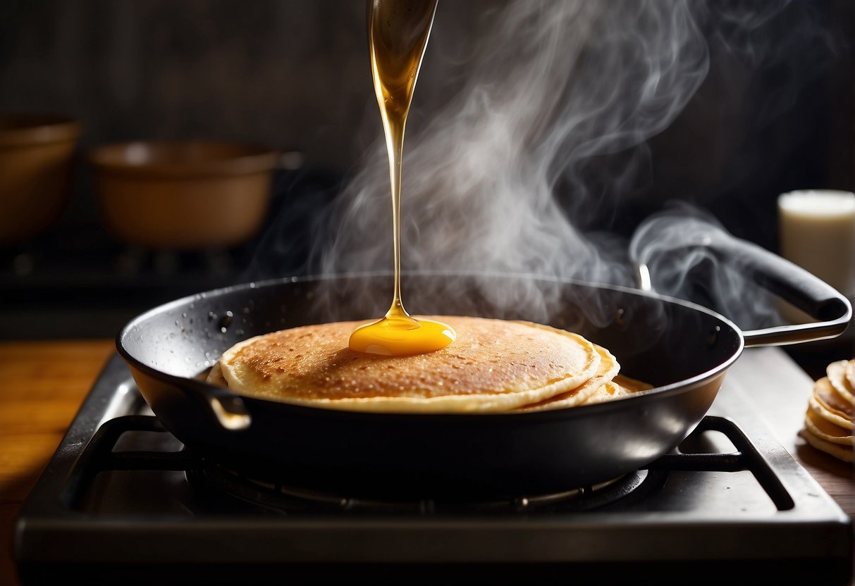 A pan sizzles as pancake batter is poured, flipping golden brown pancakes, steam rising