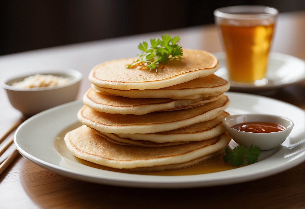 A plate of golden brown Chinese pancakes sits beside a bowl of dipping sauce, with chopsticks resting on the side