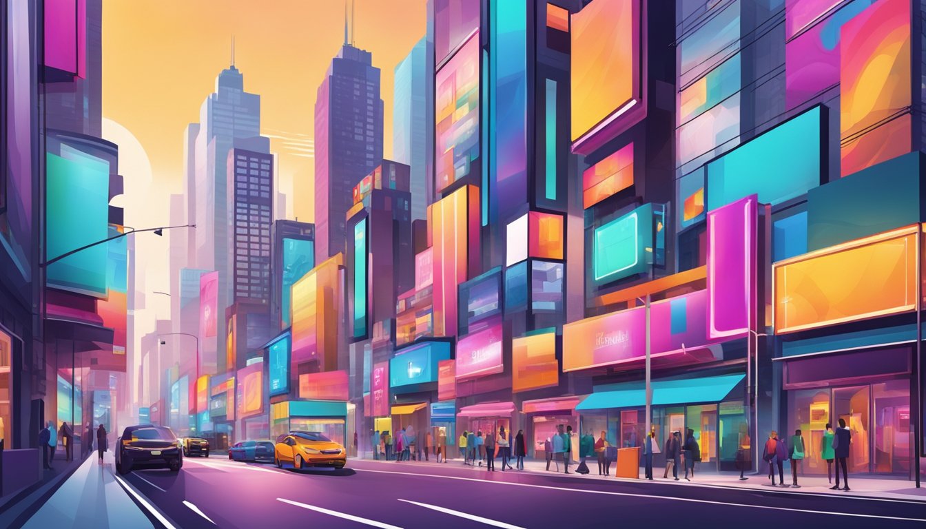 Vibrant cityscape with towering fashion billboards and bustling streets. Trendy storefronts showcase evolving brand logos and colorful displays