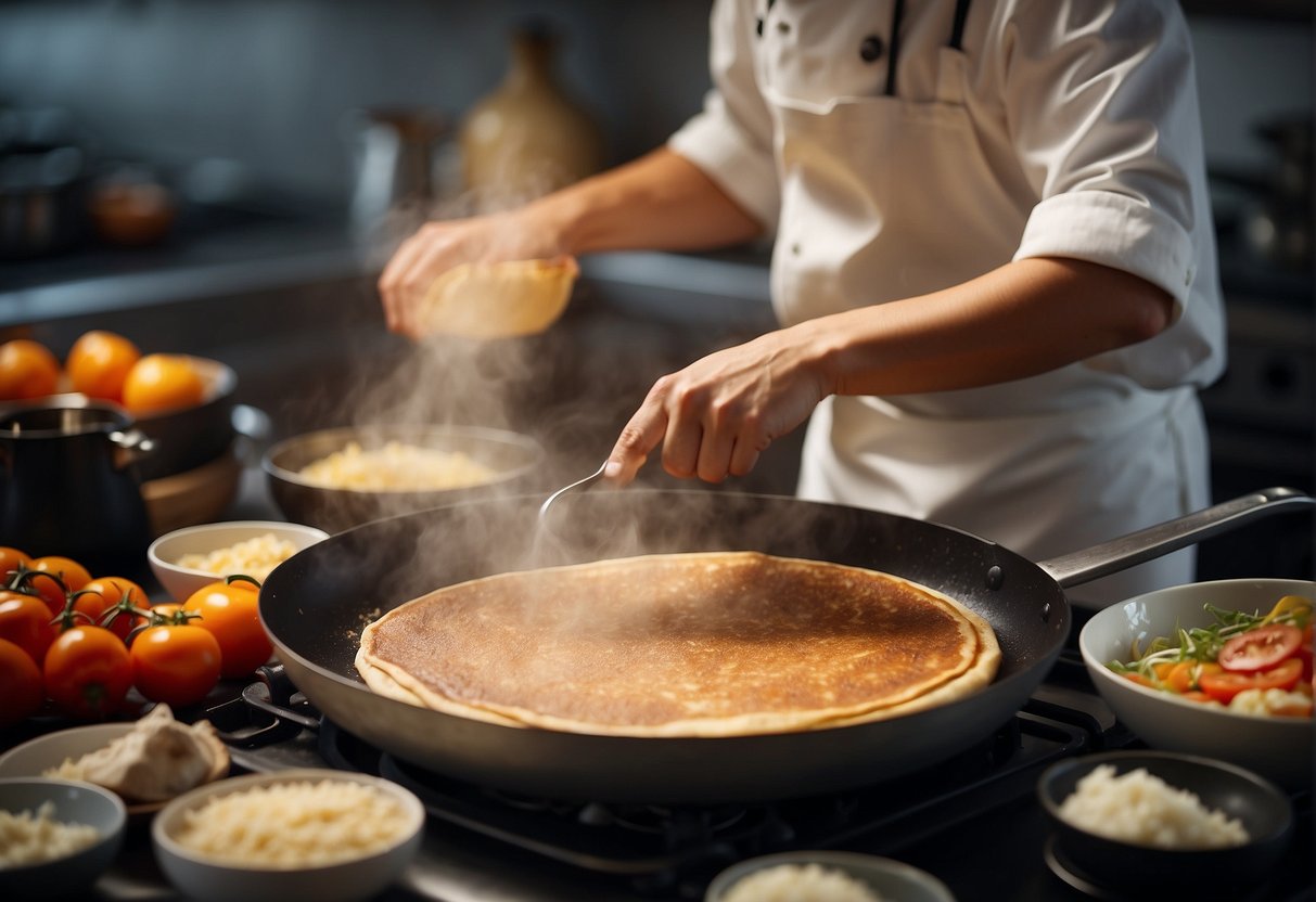 A chef effortlessly flips a Chinese pancake in a sizzling pan, surrounded by various ingredients and utensils on a clean, well-lit kitchen counter