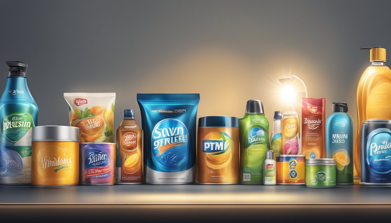 A spotlight shines on a display of trendsetting brands, casting a dramatic glow on their logos and products