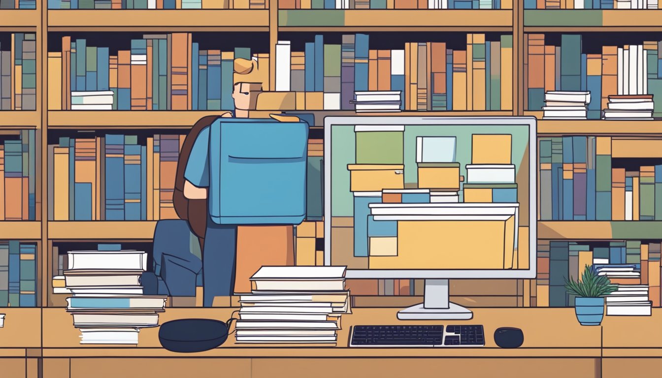 Books stacked on shelves, a computer with a website open, and a person typing on a keyboard