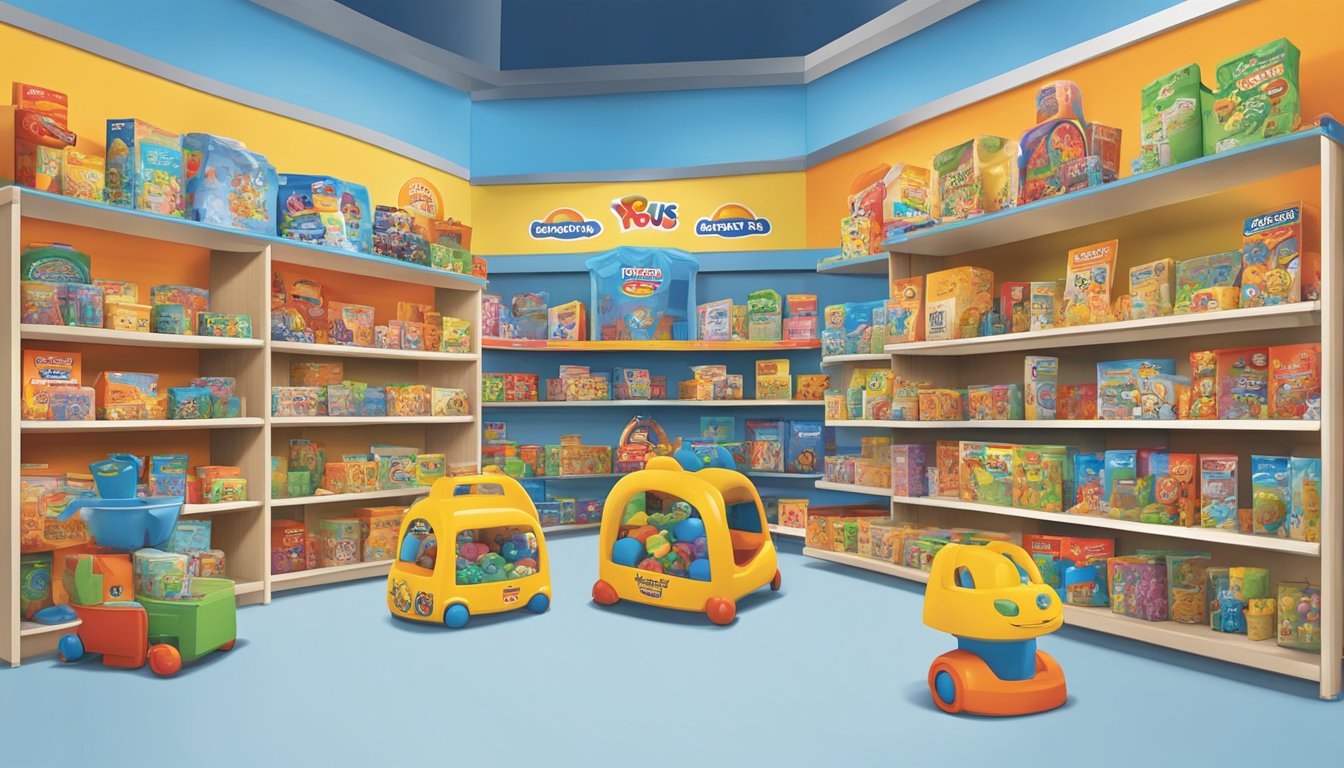 A colorful display of Toys R Us brands fills the shelves, featuring popular characters and playful designs