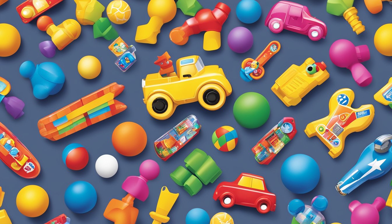 A colorful display of various toys from the Toys R Us brand, surrounded by logos of brand partnerships