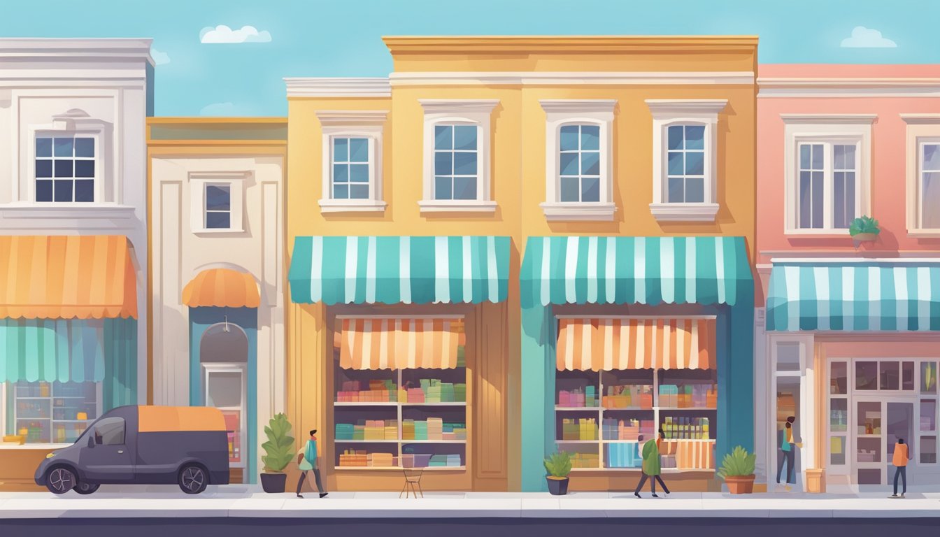 Colorful awnings hanging above a row of storefronts, with a variety of patterns and designs. Customers browsing online on their devices, with delivery trucks parked nearby