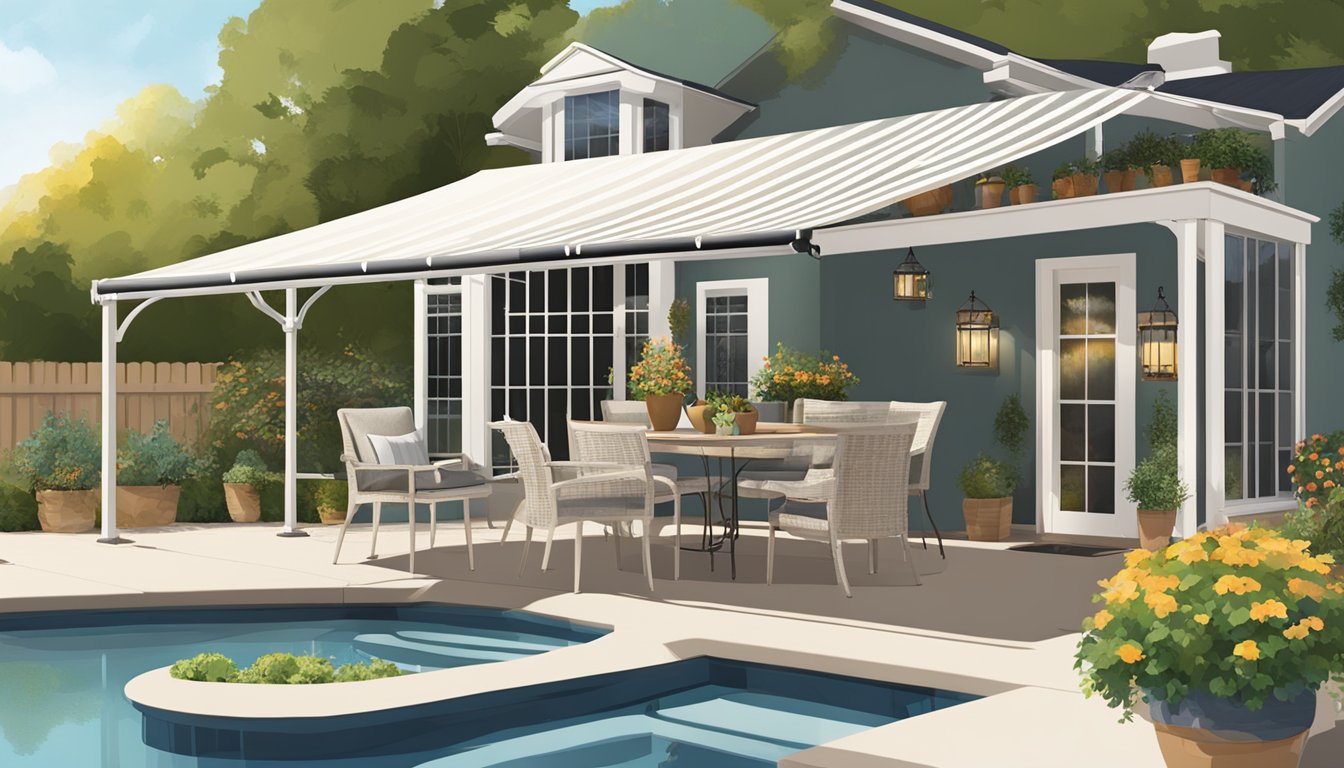 A sunny outdoor space with a variety of awning options displayed on a website, showcasing different colors, styles, and sizes for customers to choose from