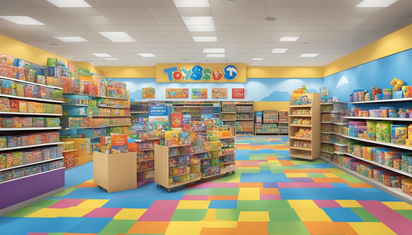 Toys R Us brands displayed with FAQ signage, surrounded by various toy products