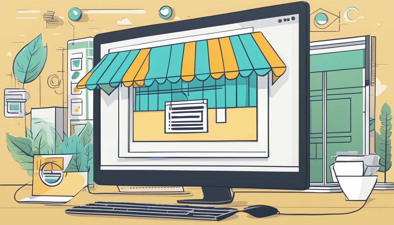 A computer screen displaying a website with a variety of awning options. A cursor hovers over a "Buy Now" button