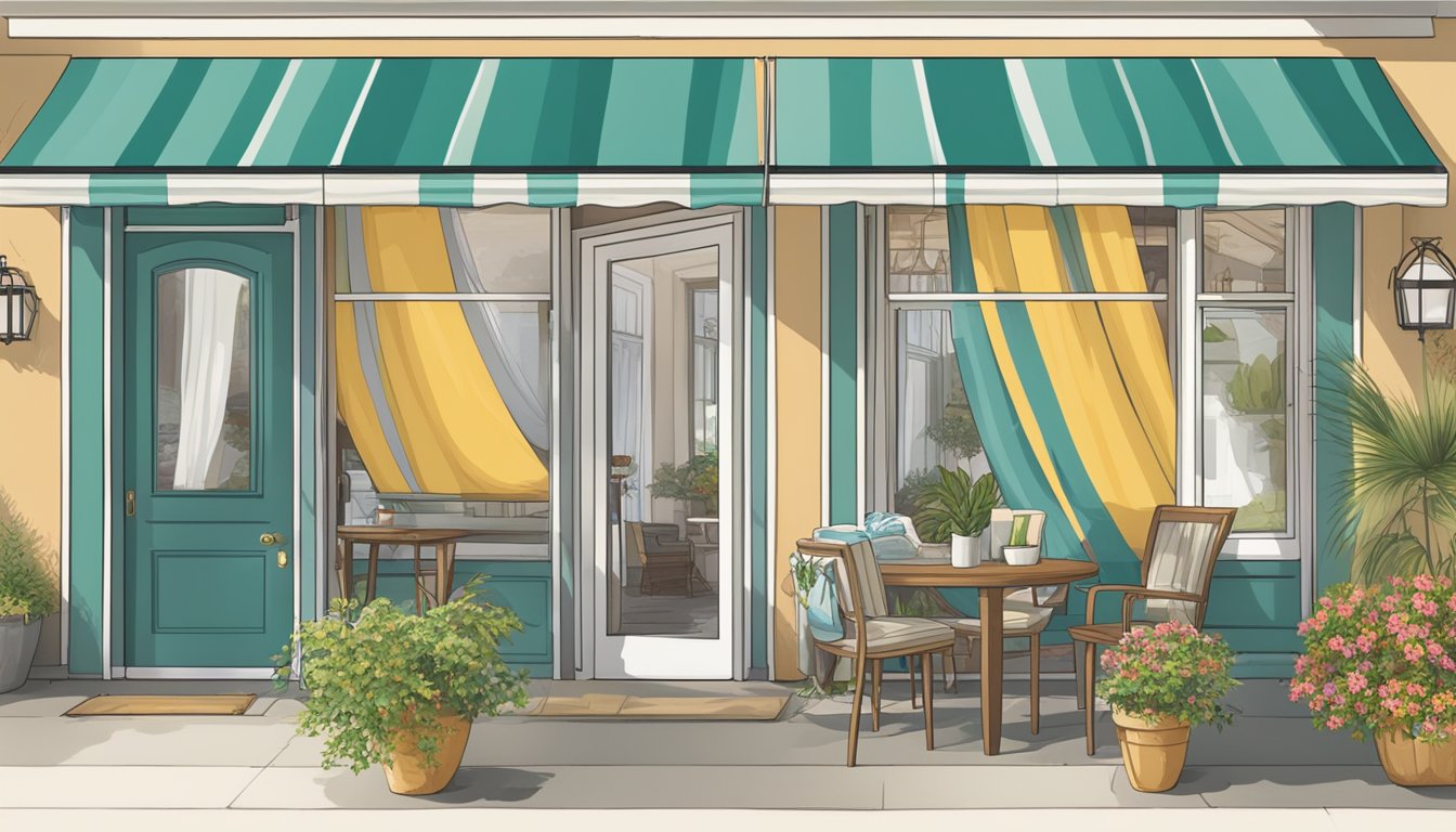 Customers browsing a variety of awning styles and colors on a user-friendly website, with a "Frequently Asked Questions" section easily accessible