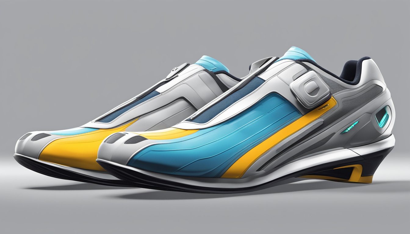 A futuristic trek shoe design with advanced technology features and sleek, aerodynamic lines. The shoe is shown in a dynamic, action-oriented pose to highlight its performance capabilities