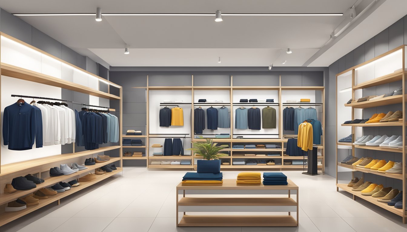 A display of Tsuki brand apparel and accessories, arranged neatly on shelves and racks in a modern and minimalist store setting