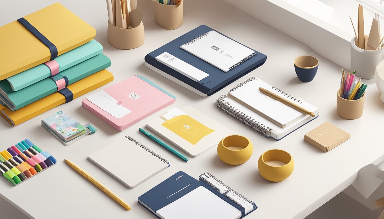 A display of Tsuki stationery products, featuring notebooks, pens, and stickers, arranged neatly on a white table with soft natural lighting