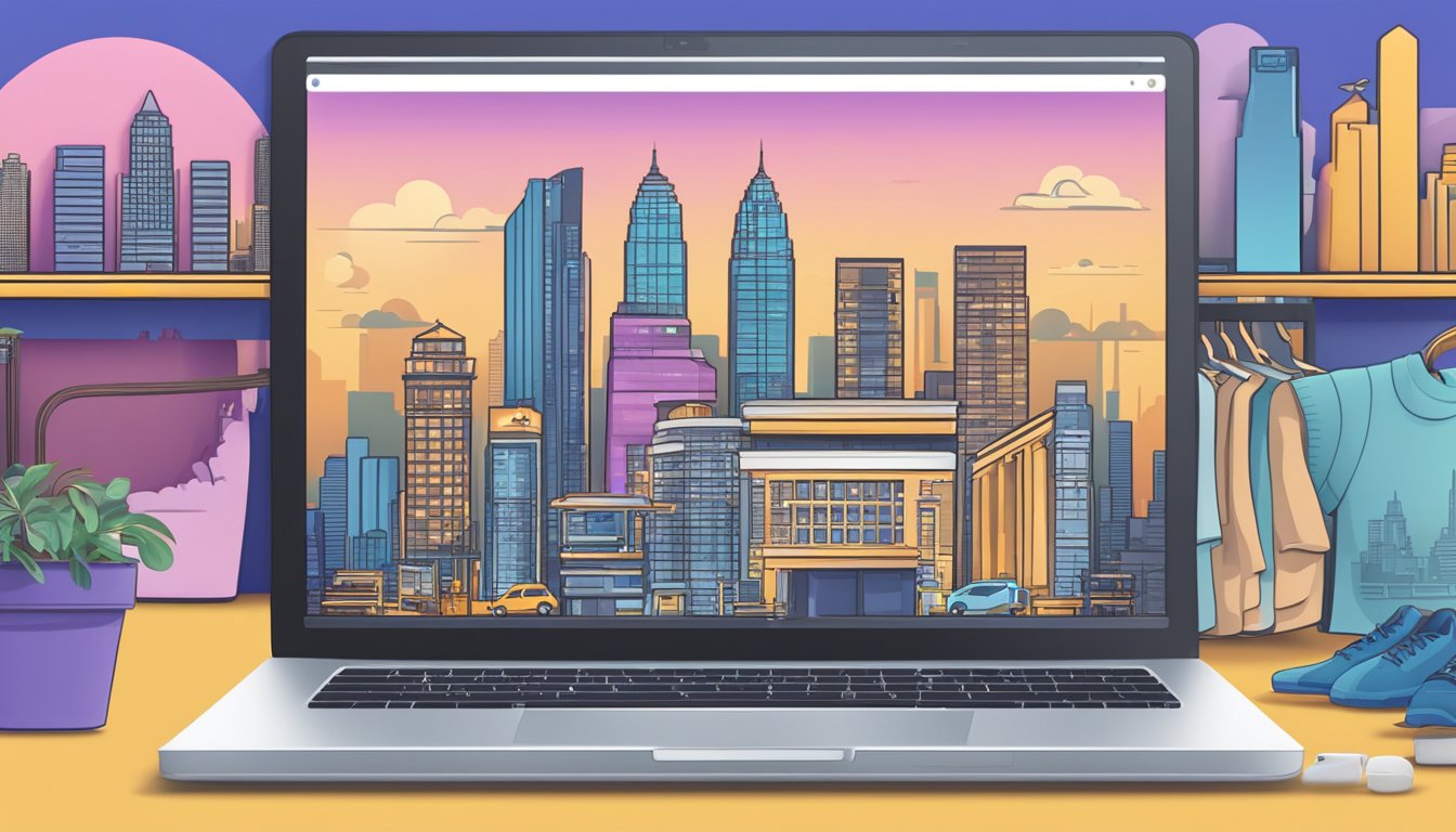 A laptop with a Bangkok skyline background, a shopping cart icon, and various clothing items displayed on a website