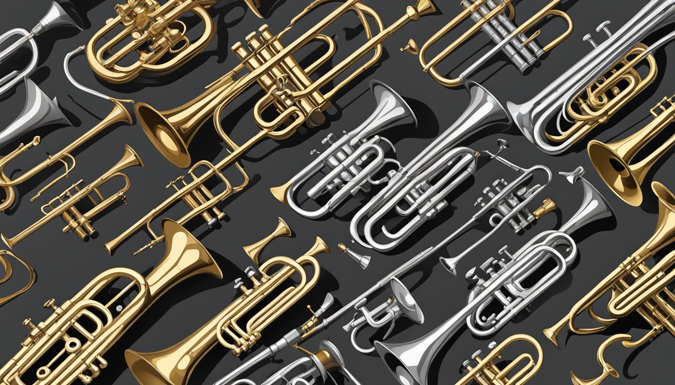 Various trumpet brands scattered on the ground, some with visible defects and others with tarnished finishes