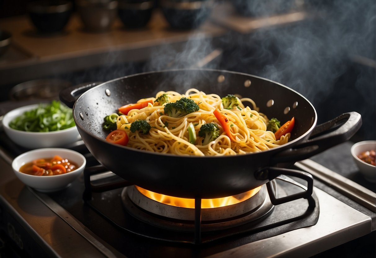 A wok sizzles with stir-fried noodles, veggies, and savory sauces. A bowl of steaming Chinese pasta sits nearby, garnished with fresh herbs