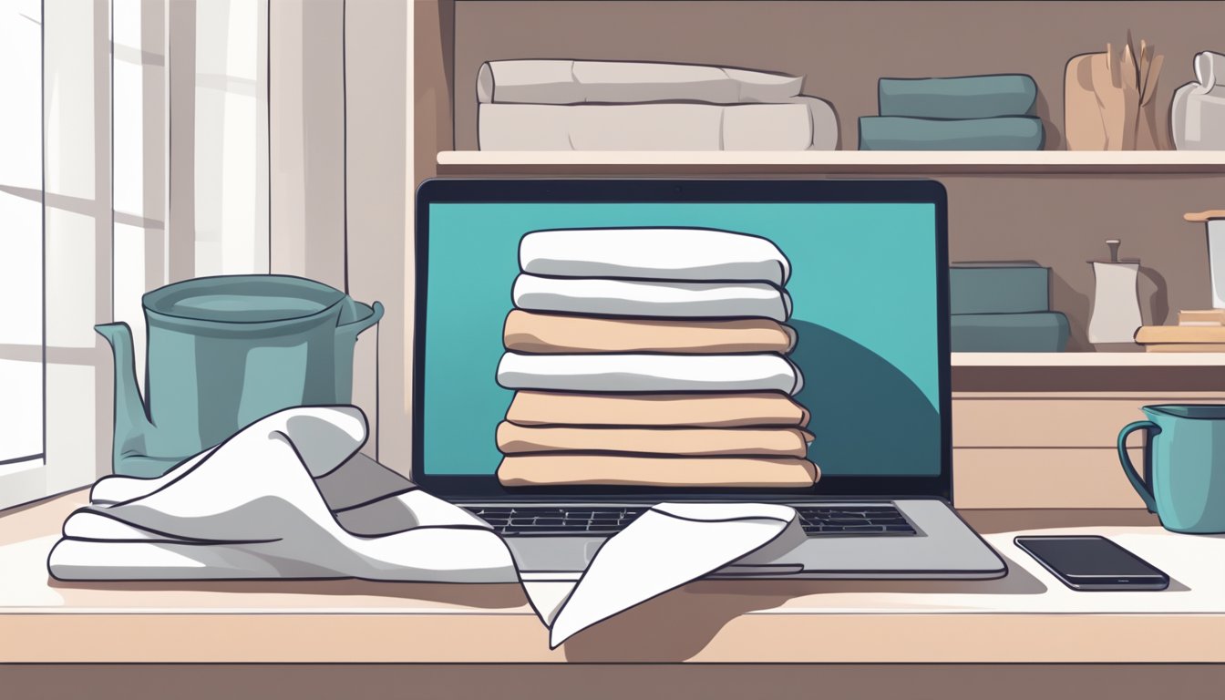A hand reaches for a stack of freshly washed bed linens on a shelf, while a laptop displaying an online store for bed linen sits nearby