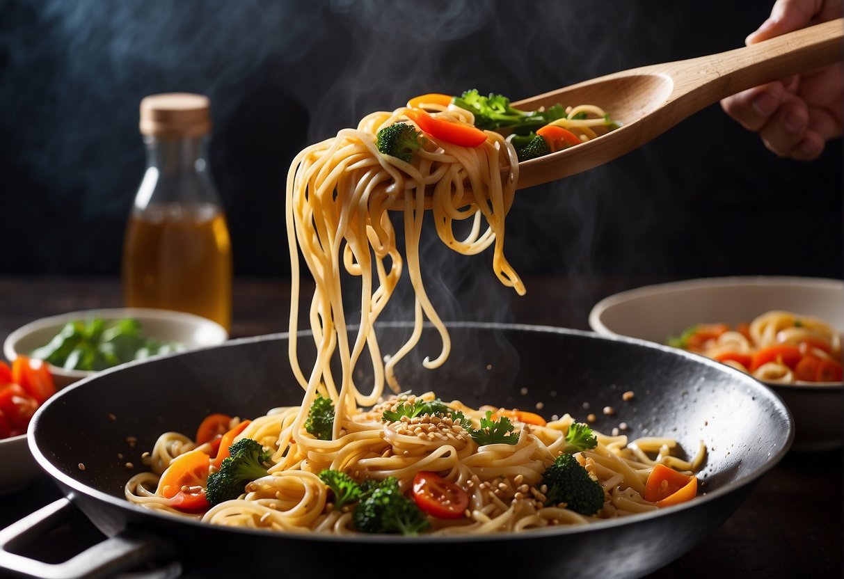 A wok sizzles as soy sauce and sesame oil are drizzled over a steaming pile of Chinese pasta, with colorful vegetables and aromatic spices scattered around