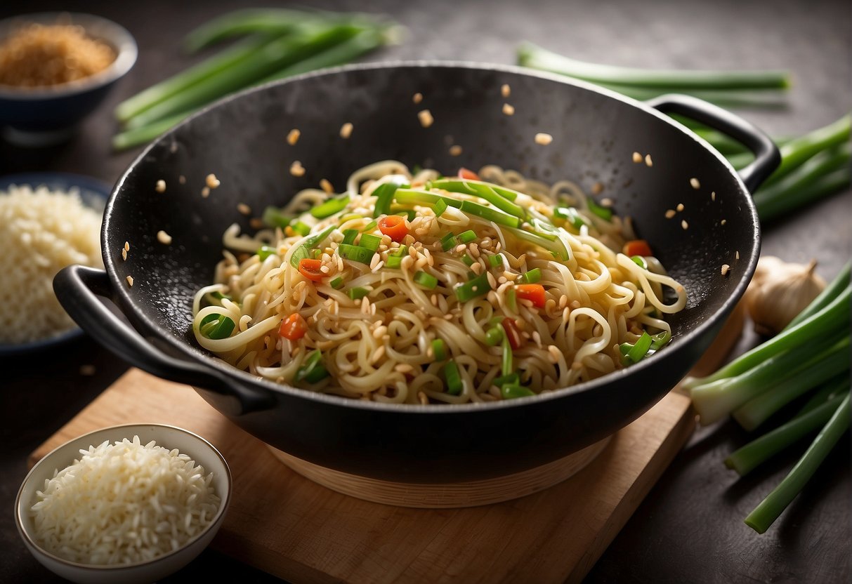 A wok sizzles with garlic and ginger as noodles are tossed in. Soy sauce and sesame oil add depth of flavor. Green onions and sesame seeds garnish the finished dish