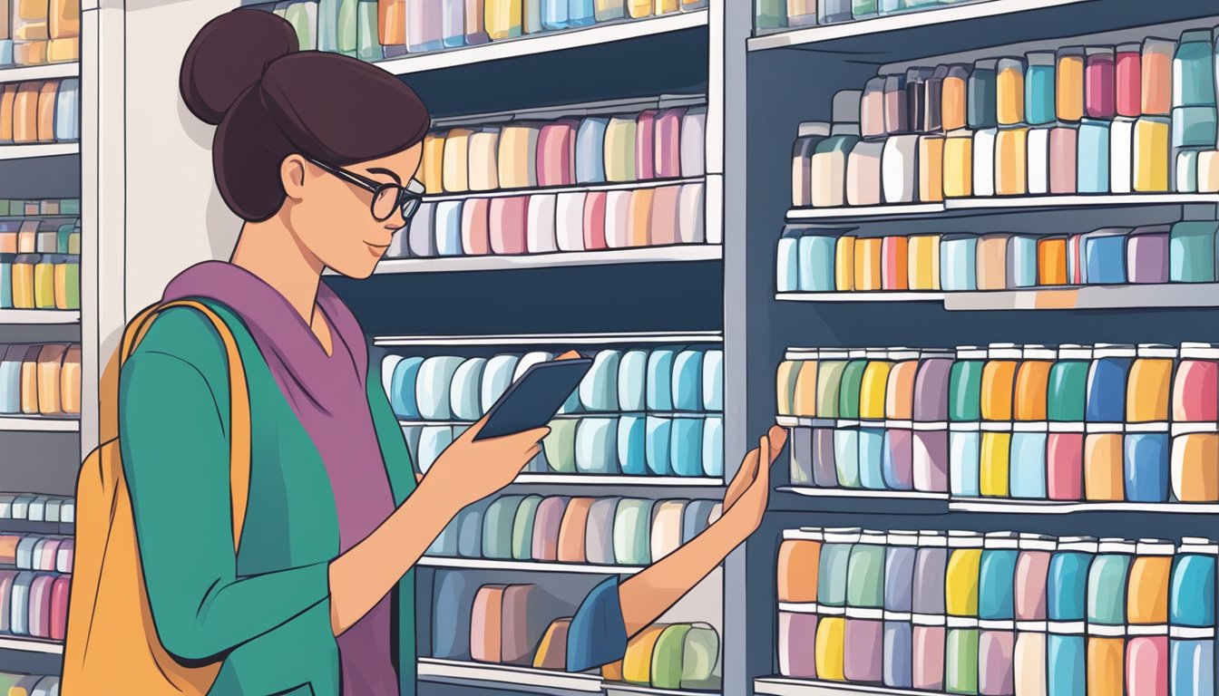 Various contact lens brands displayed on shelves with labels. A customer reading a FAQ pamphlet