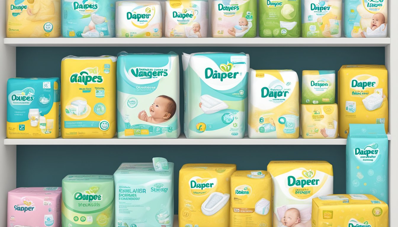 Various diaper brands displayed on shelves, featuring different sizes, colors, and designs. Packages range from eco-friendly to premium options