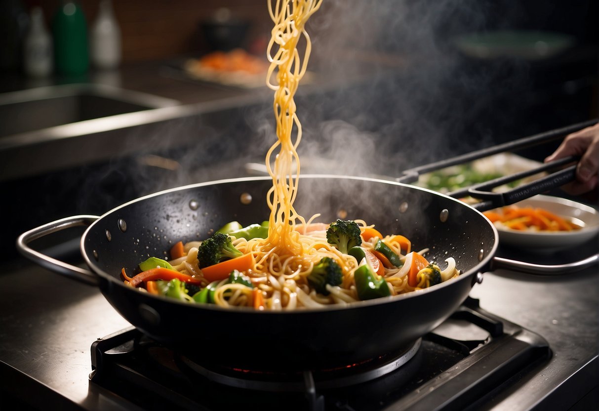 A wok sizzles with stir-fried vegetables and noodles. Steam rises as a chef tosses in soy sauce and sesame oil