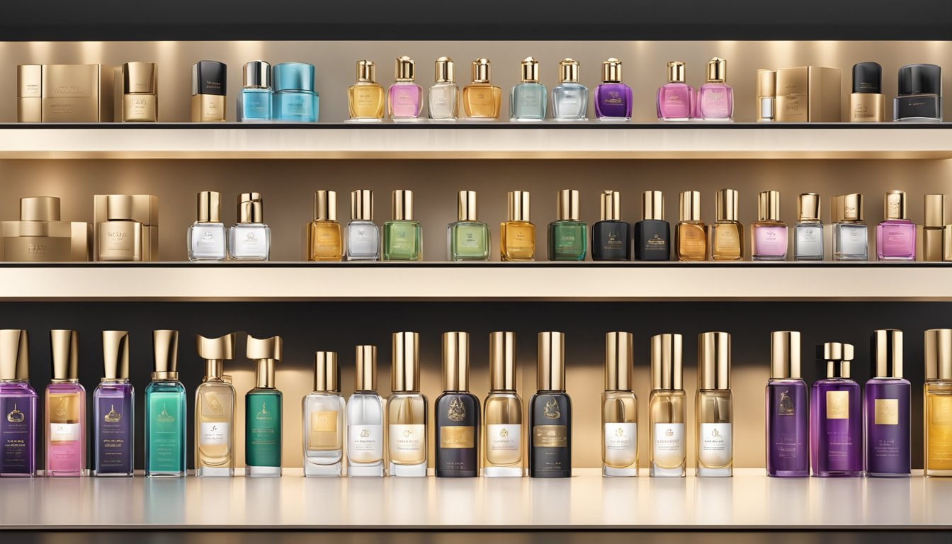 A display of UAE perfume brands on a sleek, modern shelf with elegant packaging and exotic scents