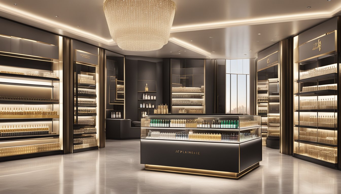 A display of UAE perfume brands in a modern, sleek boutique setting. Shelves lined with luxurious bottles, soft lighting, and elegant branding