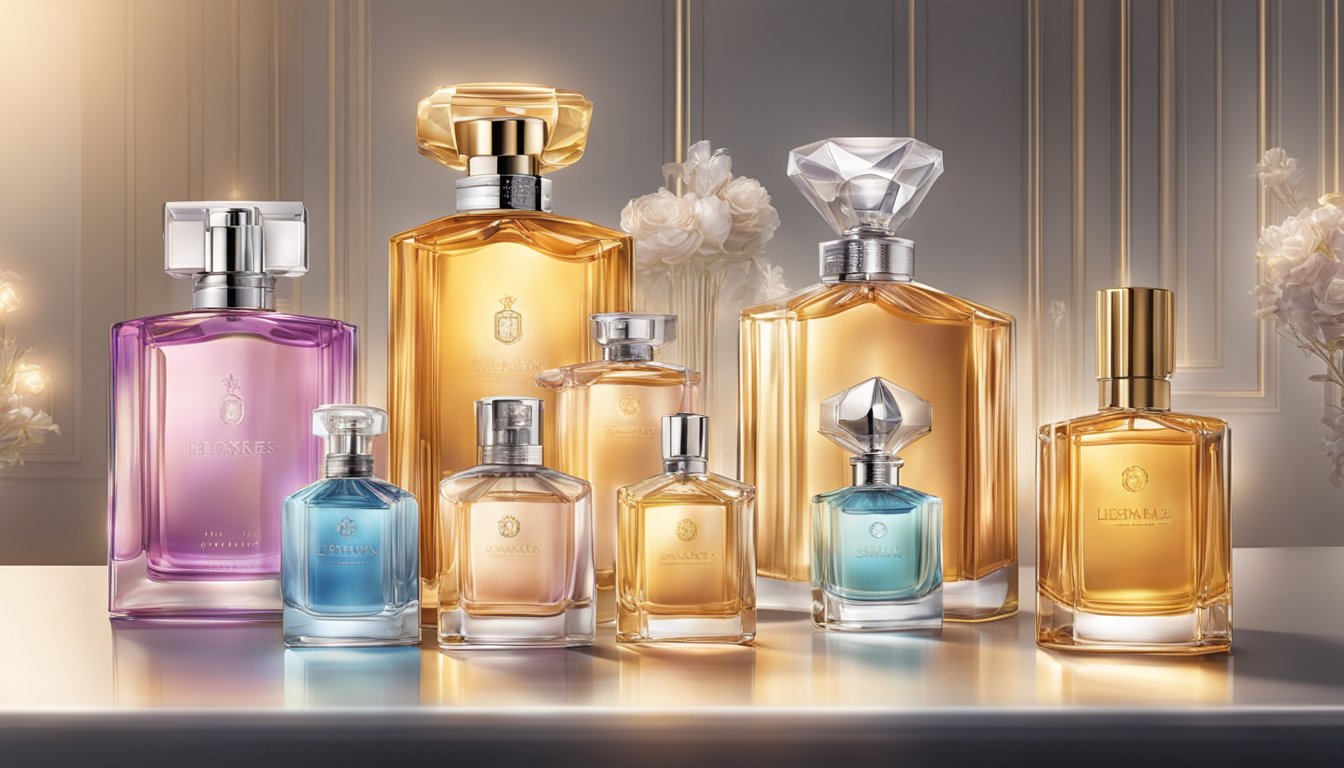 A table adorned with various perfume bottles, each brand's logo prominently displayed. Light streams in, casting a warm glow on the elegant display