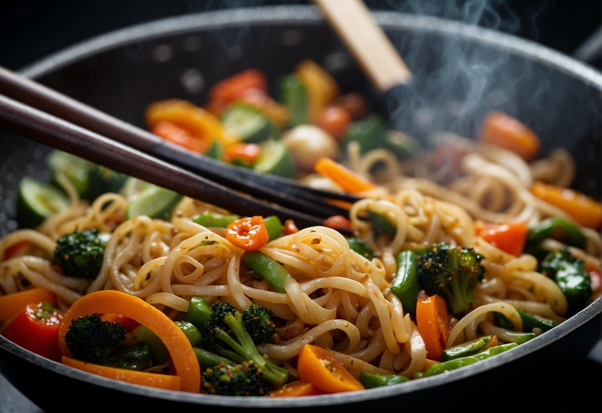 A wok sizzles with stir-fried veggies and noodles, infused with soy sauce and ginger, creating a colorful and aromatic dish
