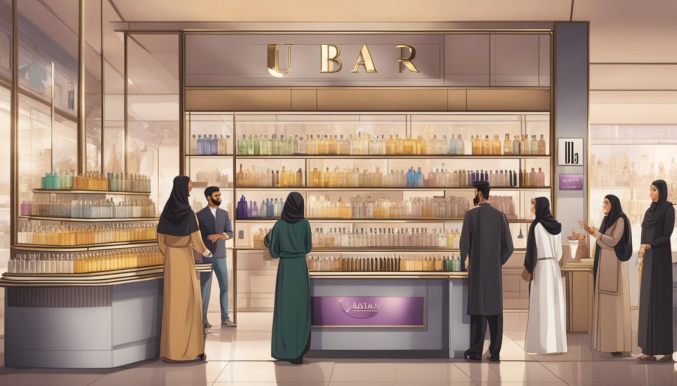 A display of various UAE perfume brands with labels and prices, surrounded by customers browsing and asking questions to staff