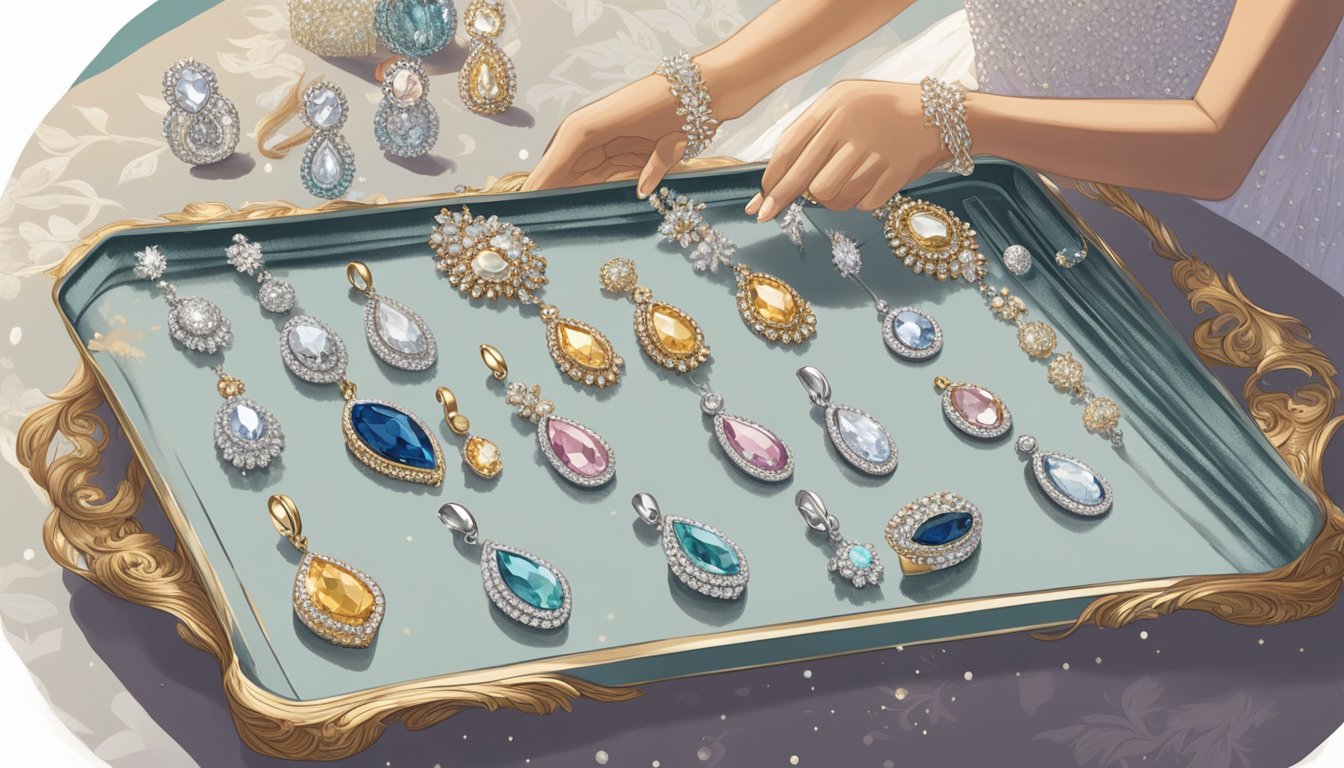A bride carefully selects sparkling earrings and a shimmering necklace from an array of elegant options displayed on a velvet-lined tray