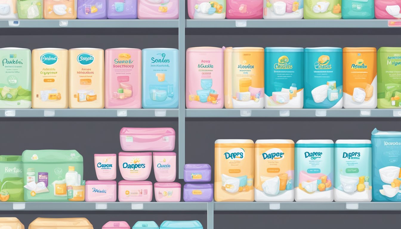 Various diaper brands displayed on shelves with labels. Customers browsing and reading Frequently Asked Questions about each type