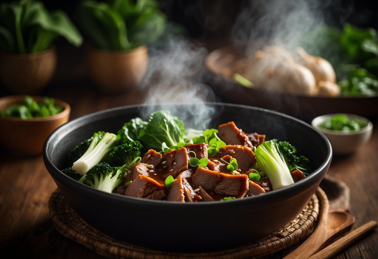 A steaming pot of Chinese braised pork with rich, savory sauce, surrounded by vibrant green bok choy and fragrant slices of ginger and garlic