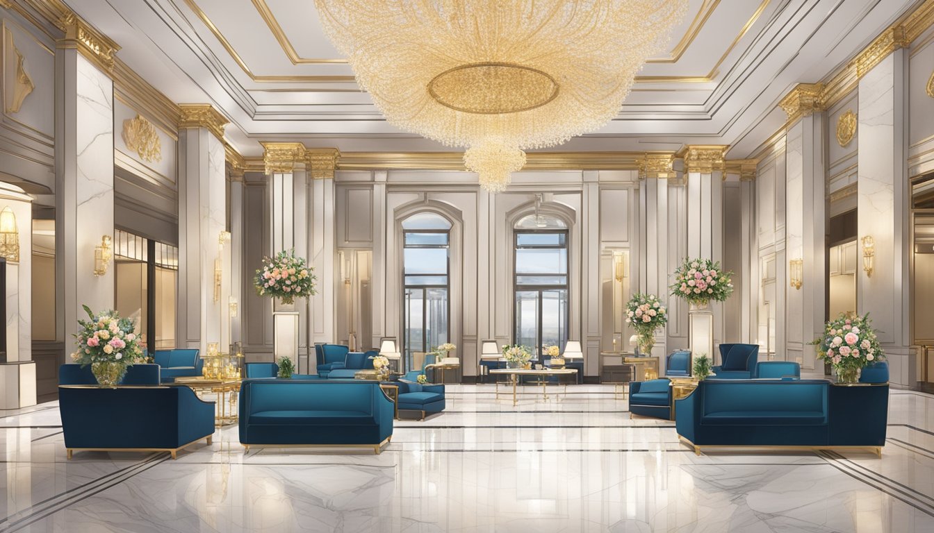A grand lobby with marble floors, towering crystal chandeliers, and plush velvet seating. A concierge desk with gold accents and fresh floral arrangements